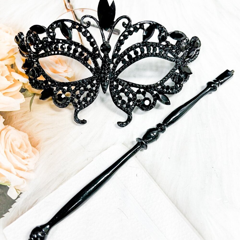 Butterfly Mask with Stick, Masquerade Ball Mask, Black Crystal Masquerade Mask - Picture 2 of 8